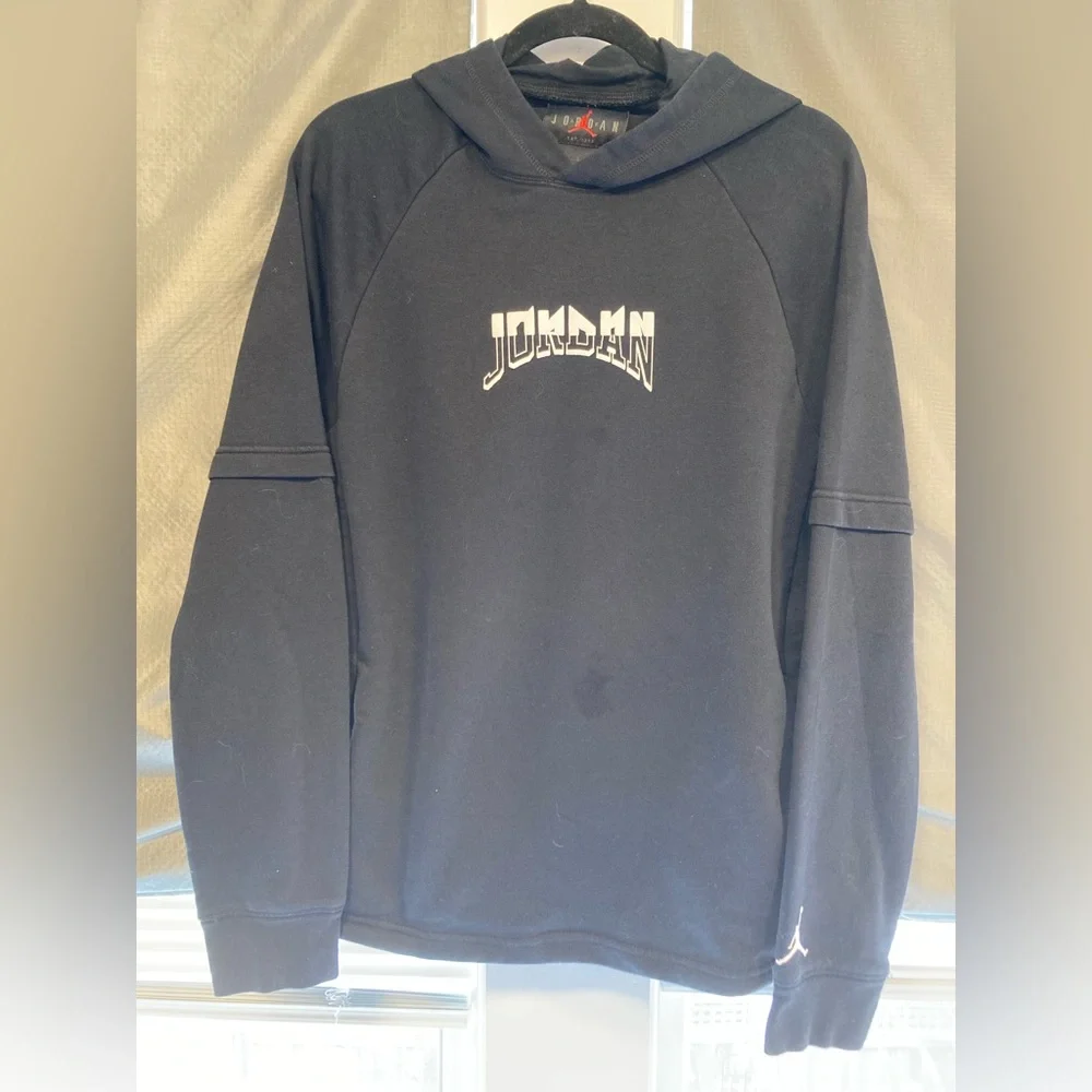 Jordan Men’s Black Hoodie with Teal Graphic and Front Pockets, Size Large